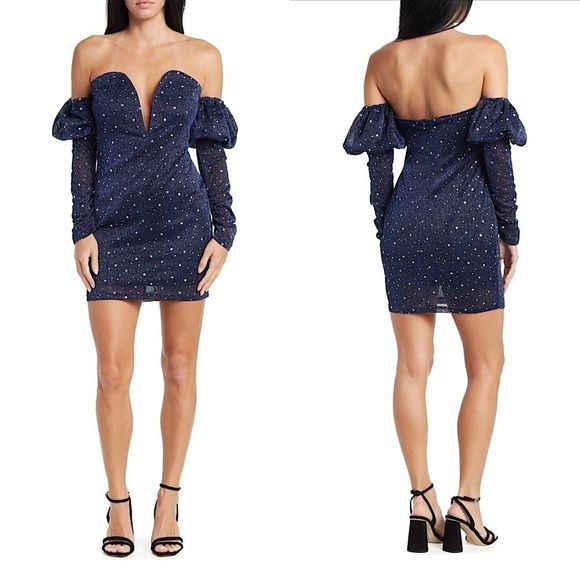 NWT AREA STARS Sparkle Off Shoulder Plunge Puff Long Sleeve Bodycon Mini Dress S - Picture 1 of 7